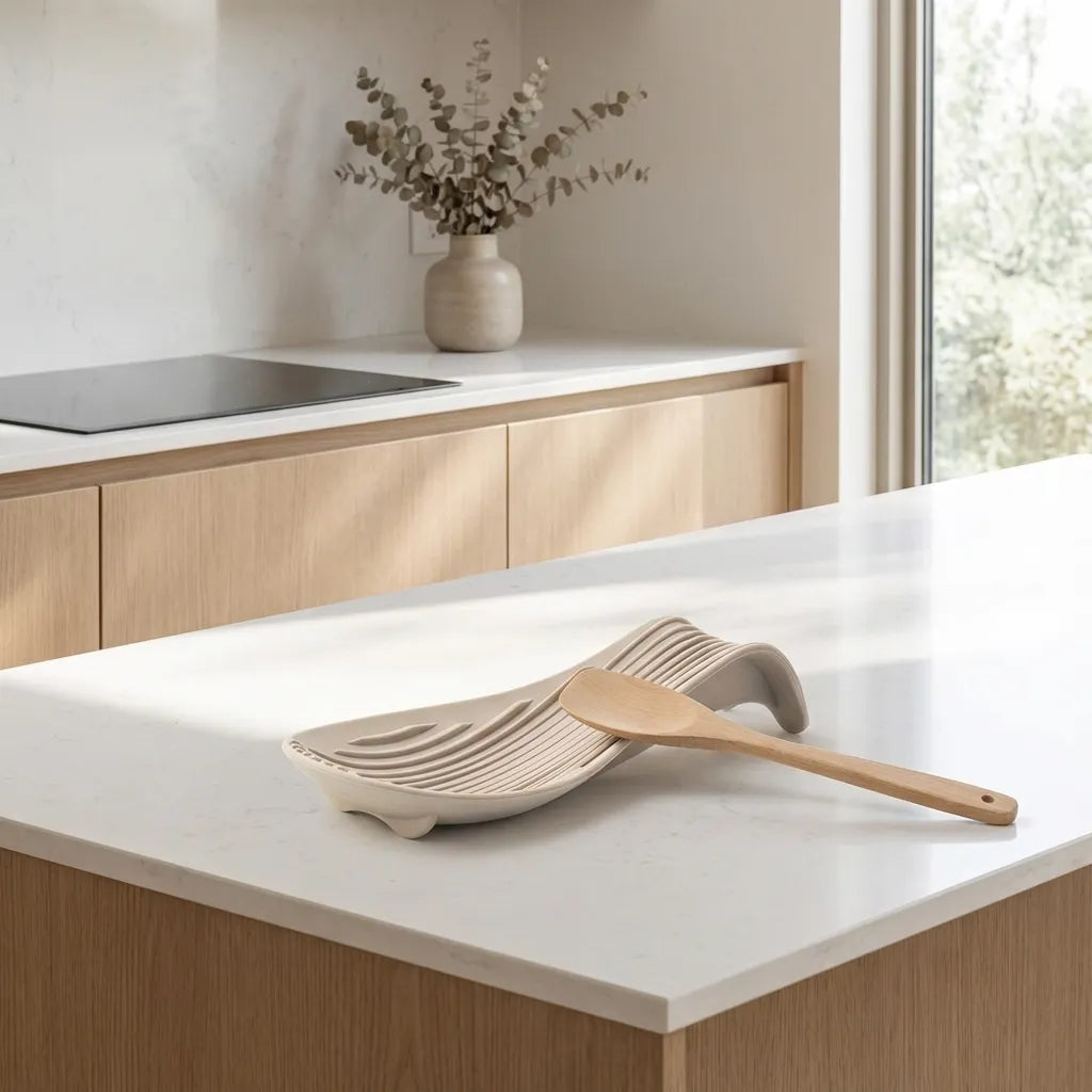 Reposa cucharas de silicona antiderrame color beige. Soporte para utensilios de cocina que evita manchas en el mesón