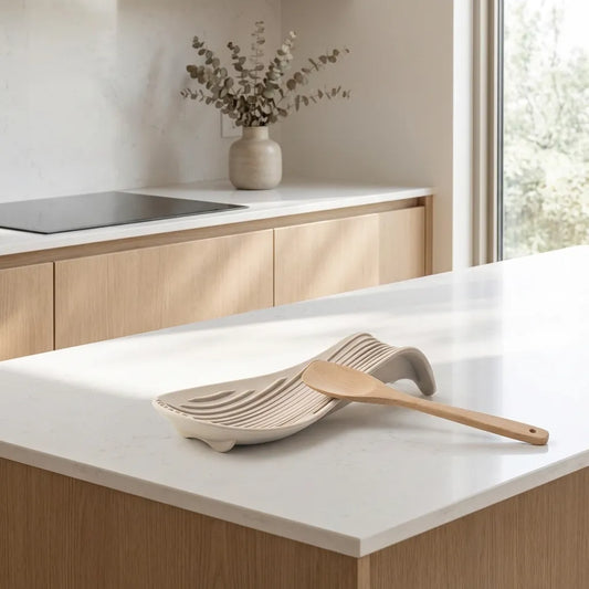 Reposa cucharas de silicona antiderrame color beige. Soporte para utensilios de cocina que evita manchas en el mesón