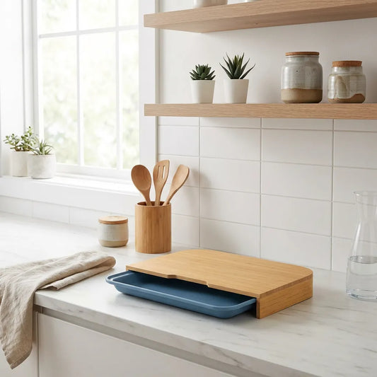Tabla de cortar de bambú elevada con bandeja deslizante azul. Superficie de madera con cajón extraíble para alimentos