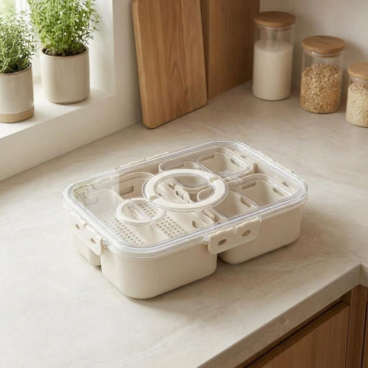 Set de 4 contenedores herméticos planos y cuadrados. Tuppers apilables de bajo perfil para ahorrar espacio en la nevera