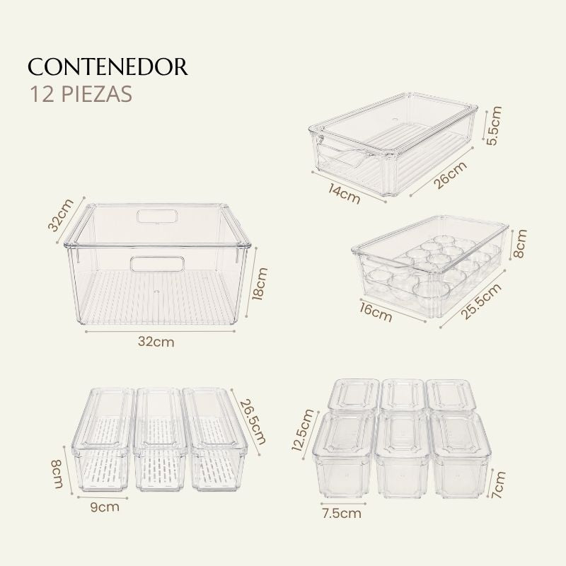 Medidas del set de 12 contenedores transparentes con bandeja porta-huevos