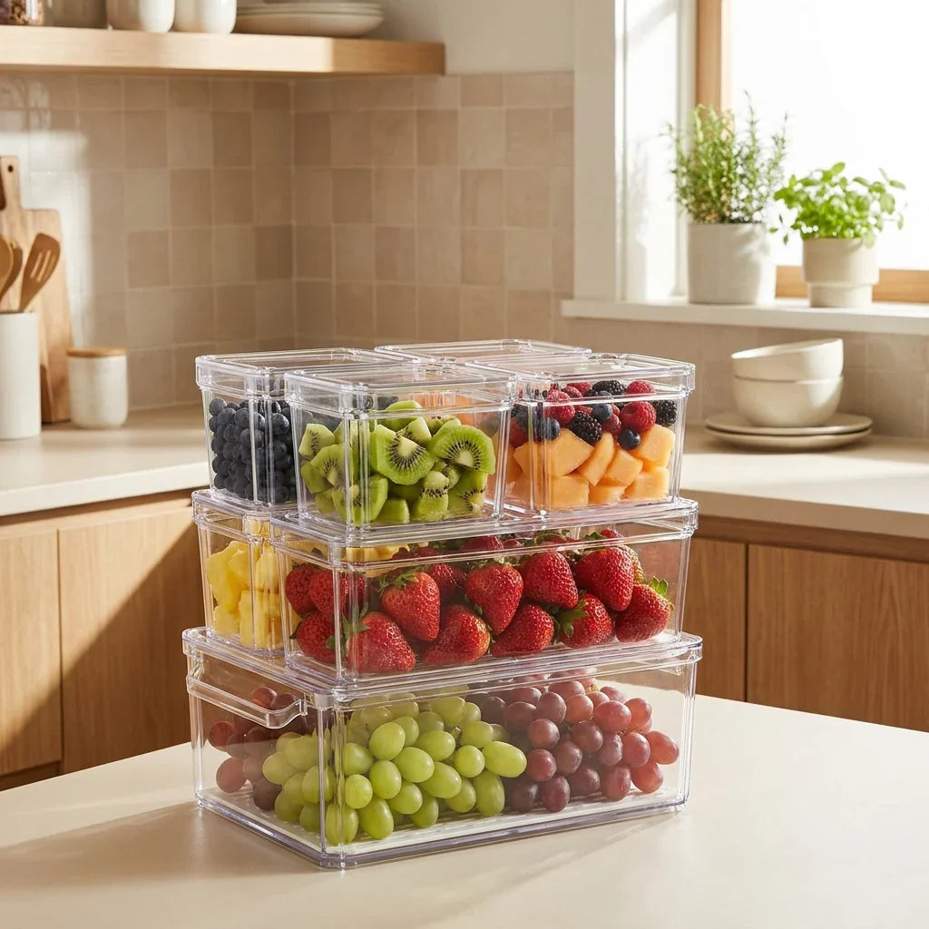 Contenedores transparentes para nevera, set de 7 con cubos para frutas