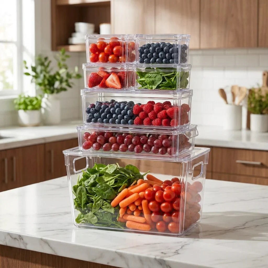 Contenedores transparentes para nevera con cajón alto para verduras, set de 7